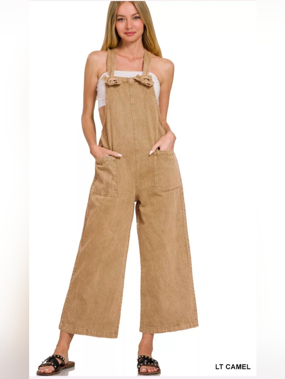 Zenana Women's Lt Camel Washed Knotted Wide Leg Denim Jumpsuit w/Pockets S,M,L
